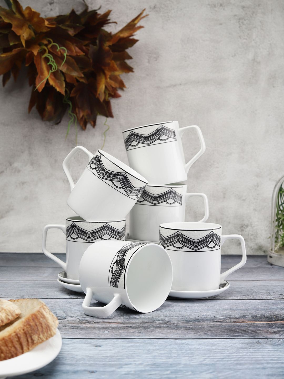 CLAY CRAFT 12 Pcs White & Black Floral Printed Ceramic Glossy Cup and Coaster Set Price in India