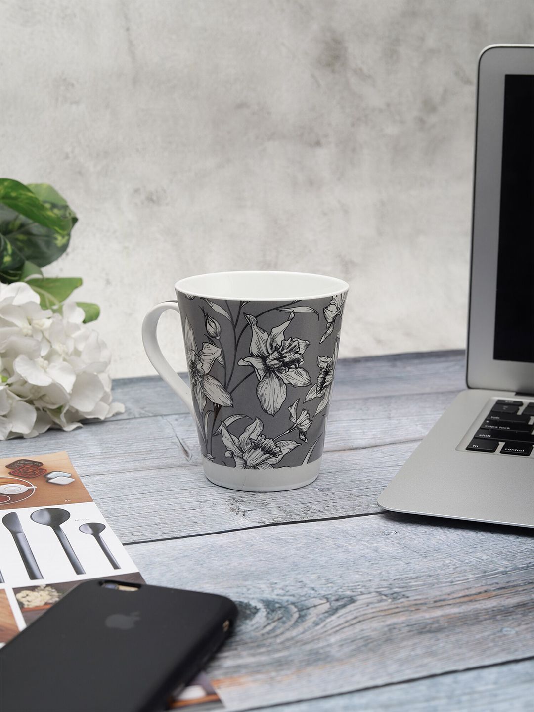 CLAY CRAFT Grey & White Floral Printed Ceramic Glossy Mug Price in India