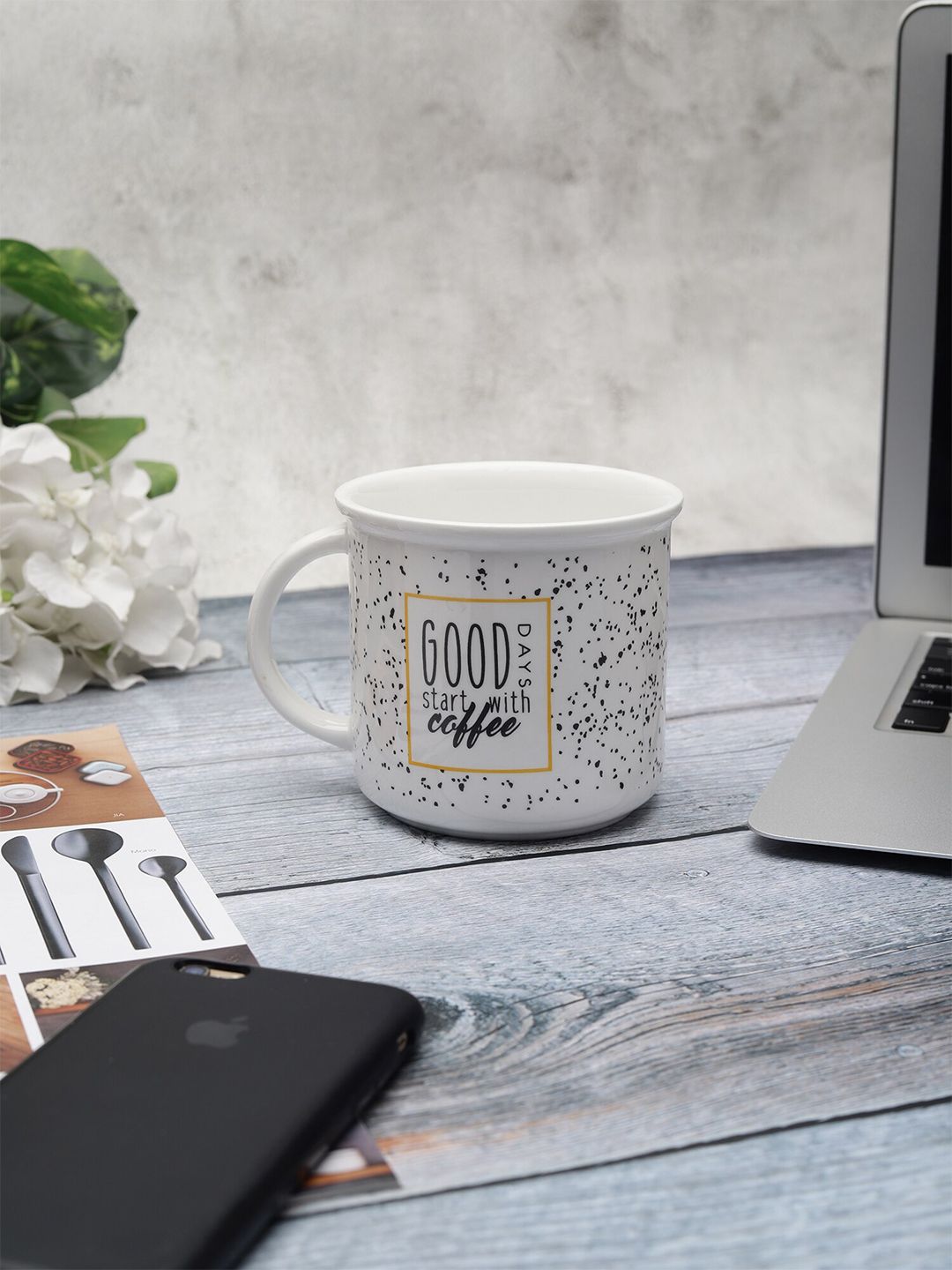 CLAY CRAFT White & Black Printed Ceramic Glossy Mug Price in India