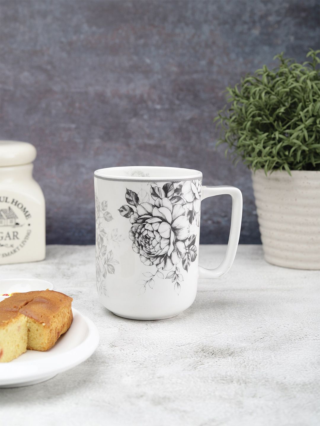 CLAY CRAFT White & Grey Floral Printed Ceramic Glossy Mug Price in India