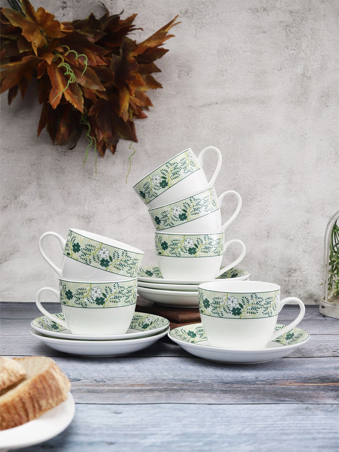 CLAY CRAFT 12 Pcs White & Green Floral Printed Ceramic Glossy Cups and Saucers Price in India