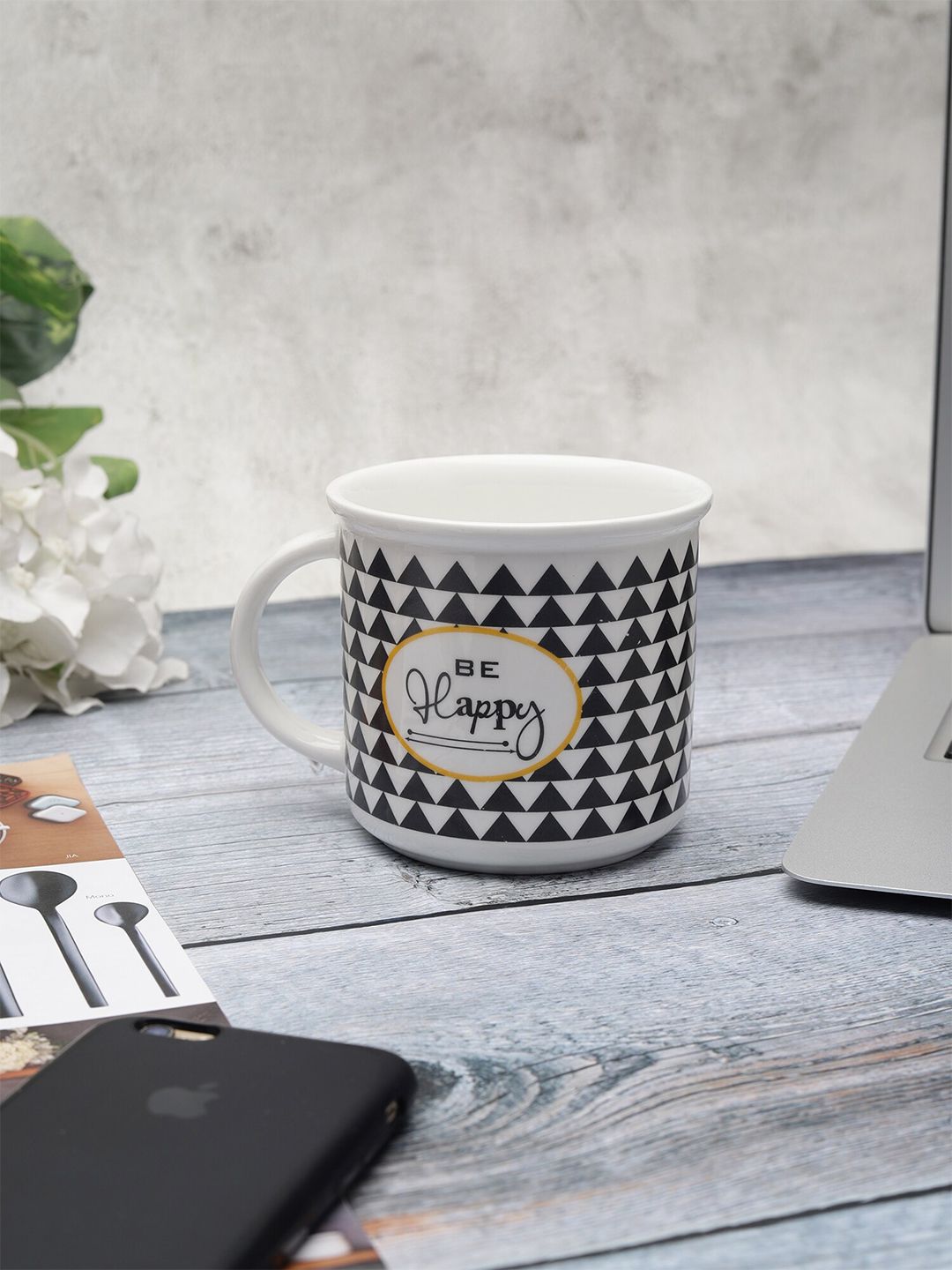 CLAY CRAFT White & Black Printed Ceramic Glossy Mug Price in India