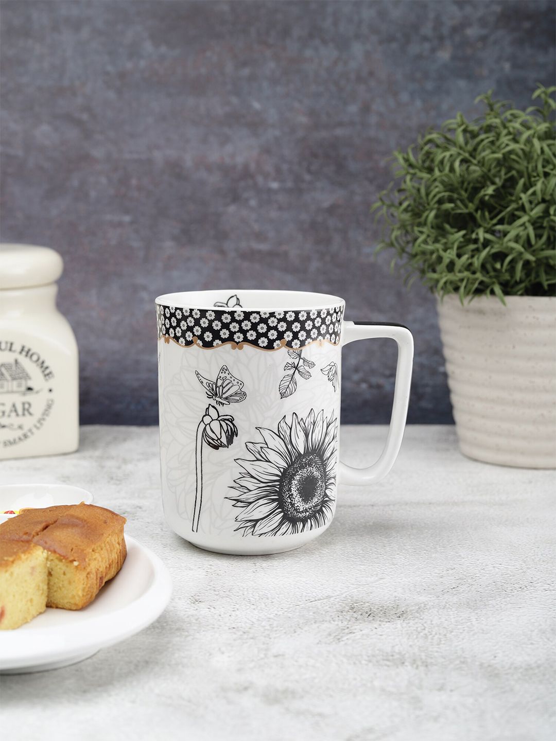 CLAY CRAFT White & Black Floral Printed Ceramic Glossy Mug Price in India