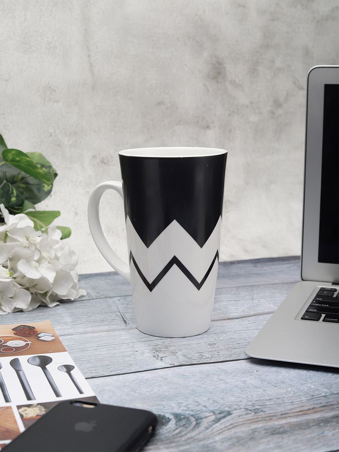 CLAY CRAFT White & Black Geometric Printed Ceramic Glossy Mug Price in India