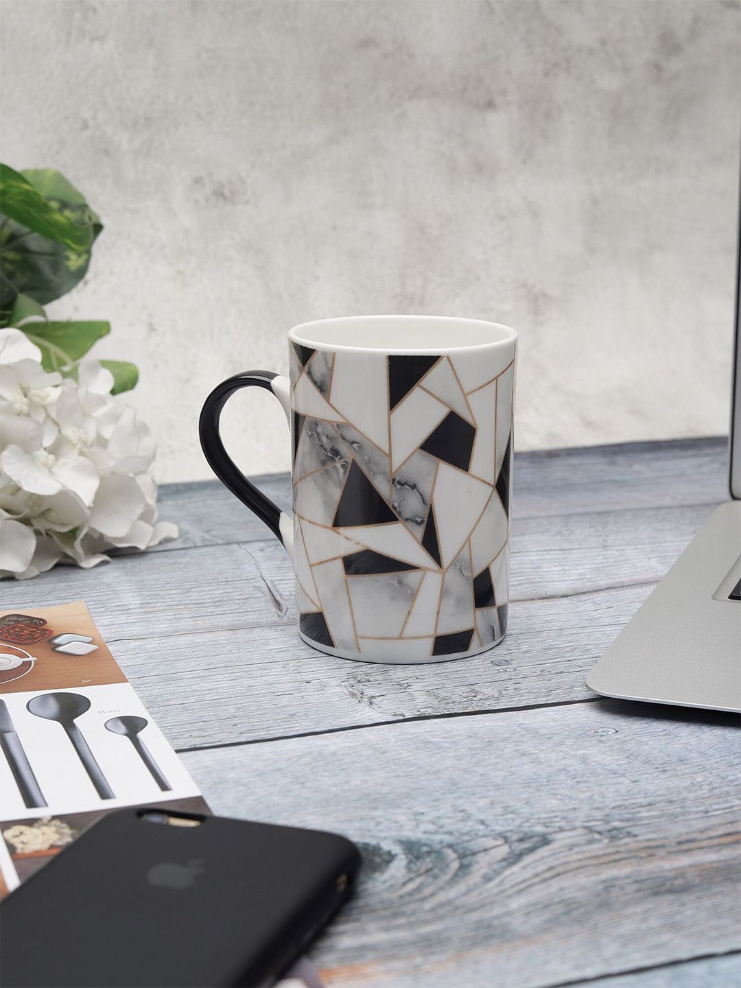 CLAY CRAFT White & Black Floral Printed Ceramic Glossy Mug Price in India