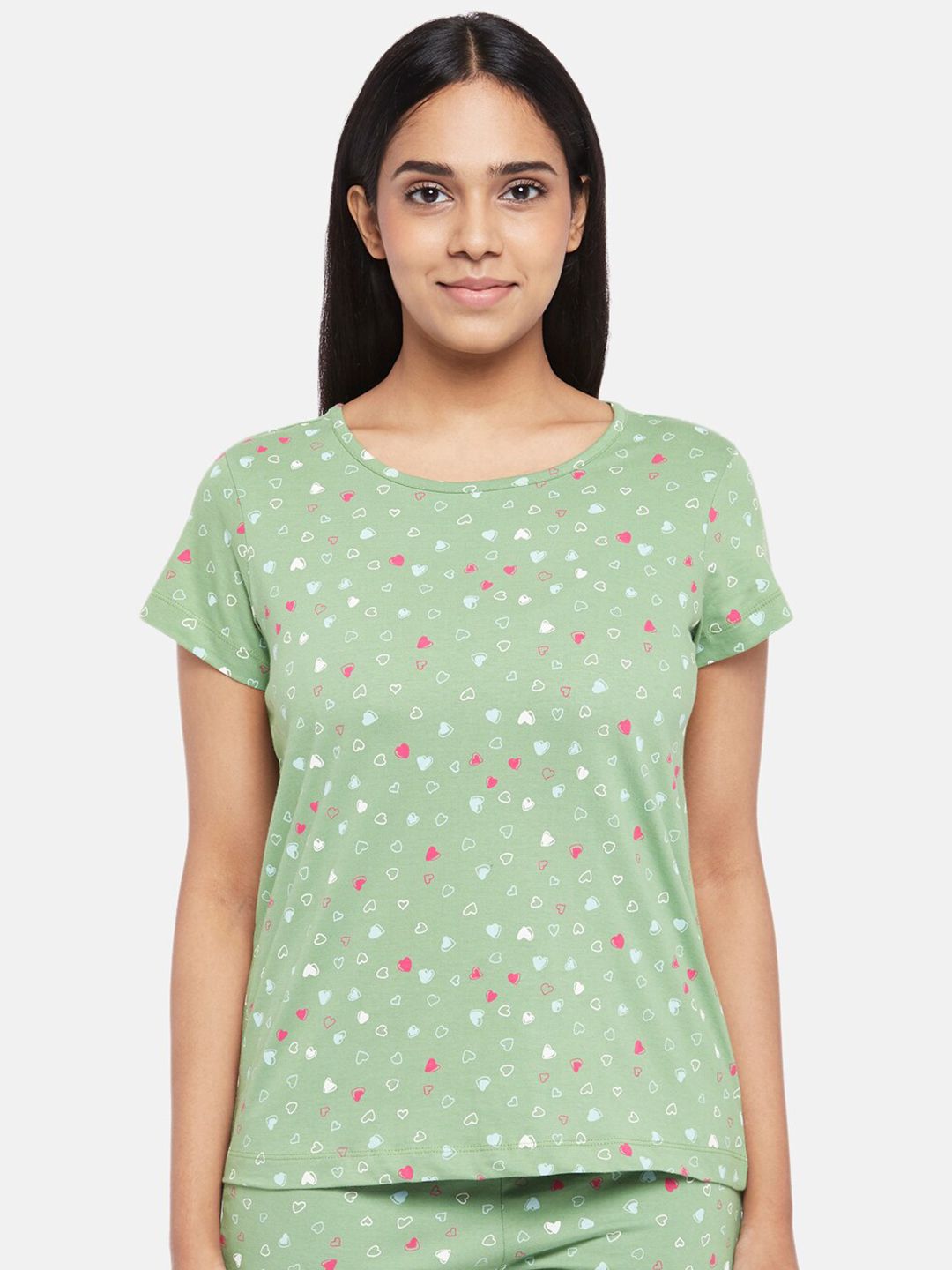 Dreamz by Pantaloons Women Olive Green & Pink Conversational Printed Lounge T-shirt Price in India