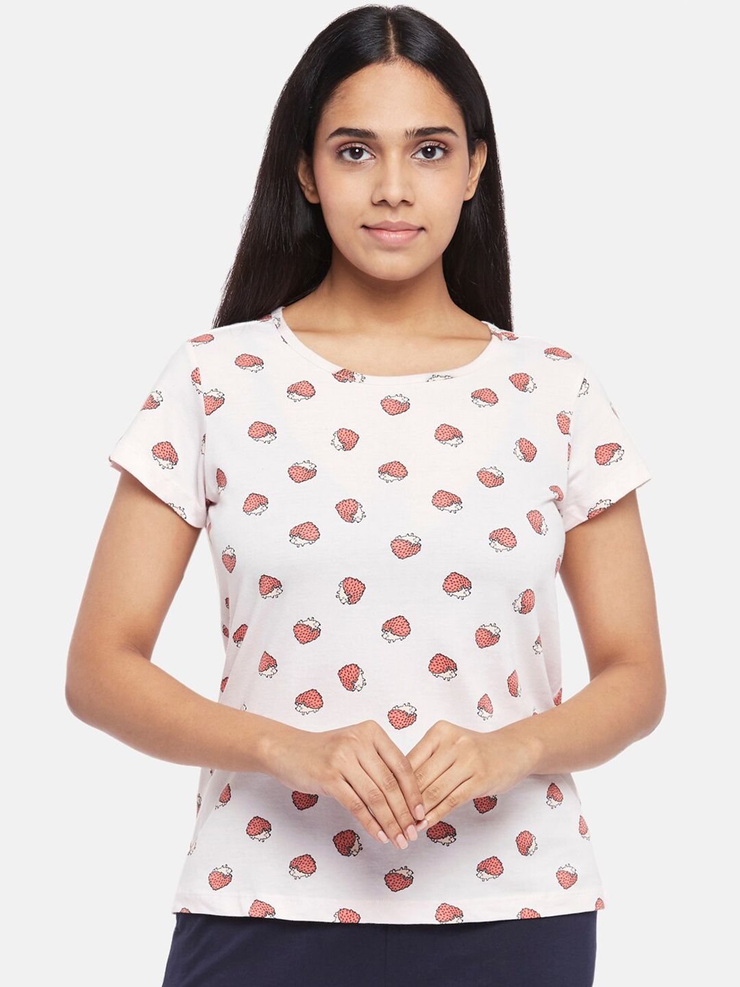 Dreamz by Pantaloons Women White & Pink Printed Lounge Tshirt Price in India
