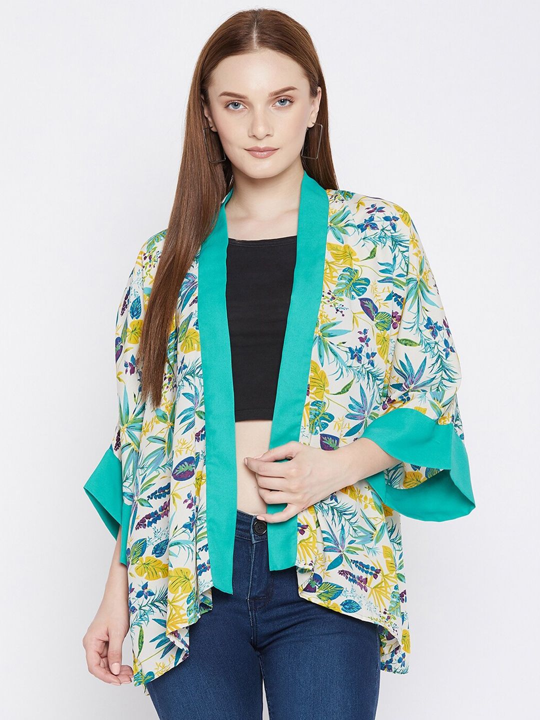 Ruhaans Women Green & Yellow Floral Printed High-Low Shrug Price in India