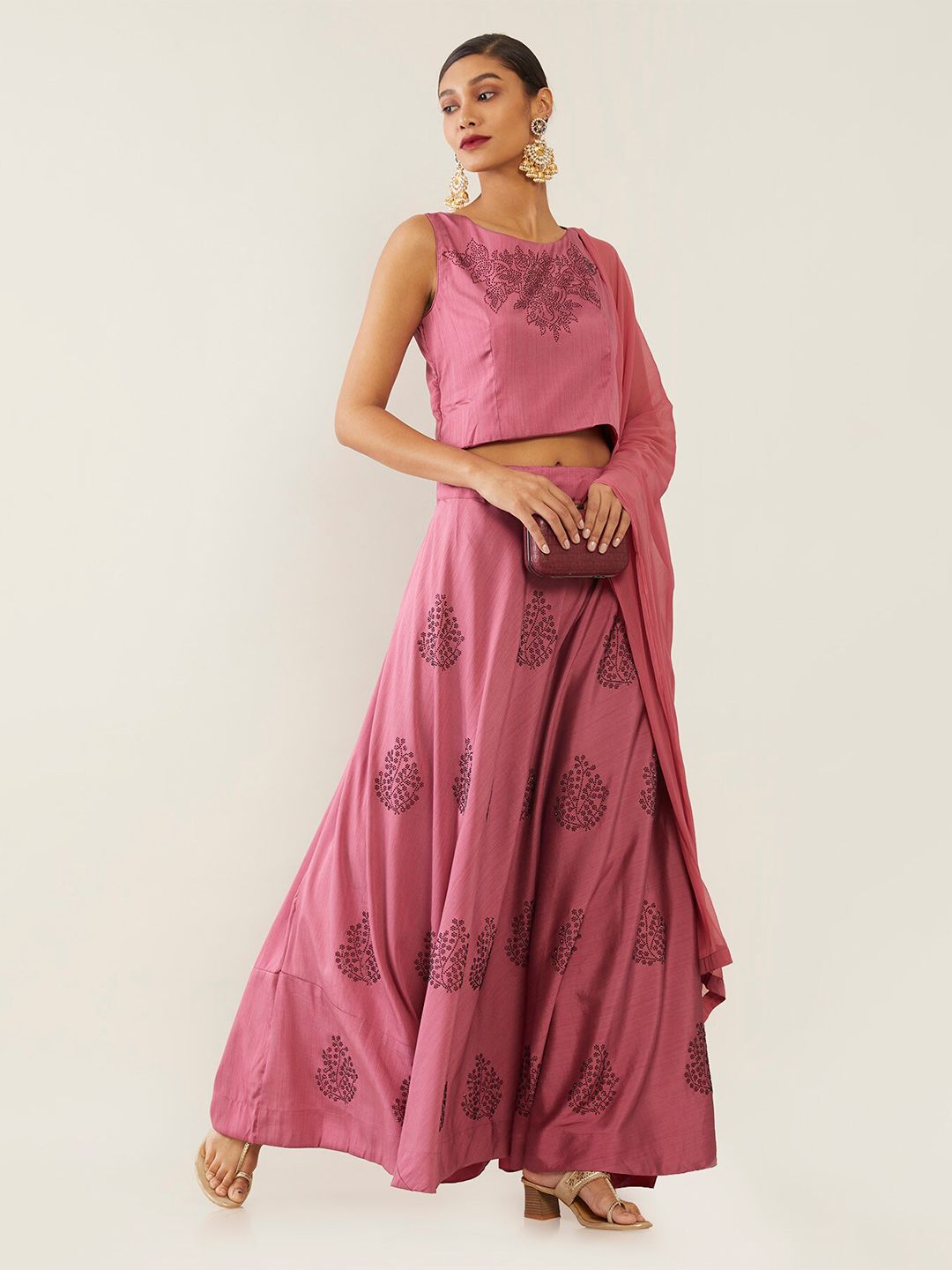 Soch Fuchsia & Black Embellished Beads and Stones Semi-Stitched Lehenga & Blouse With Dupatta Price in India