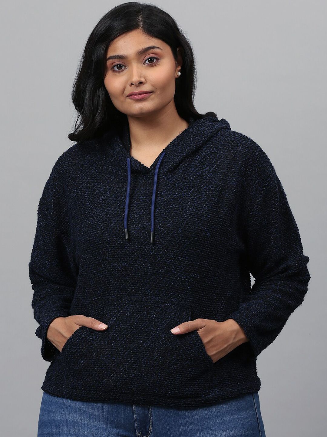 Instafab Plus Women Navy Blue Solid Hooded Sweatshirt Price in India