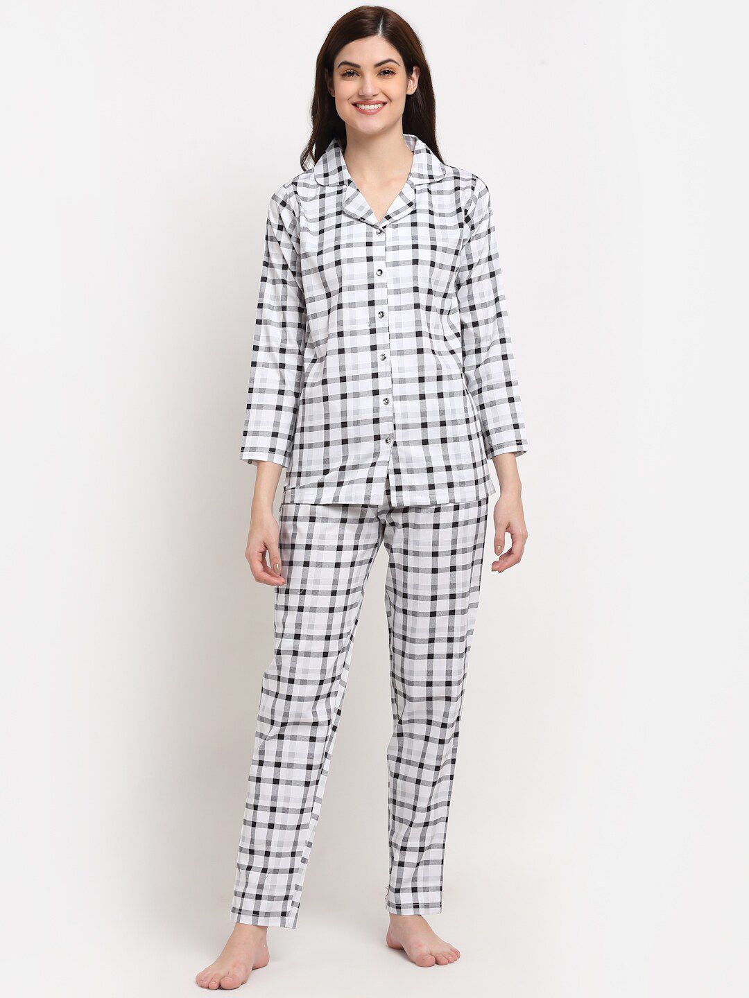 Claura Women White & Black Checked Night suit Price in India