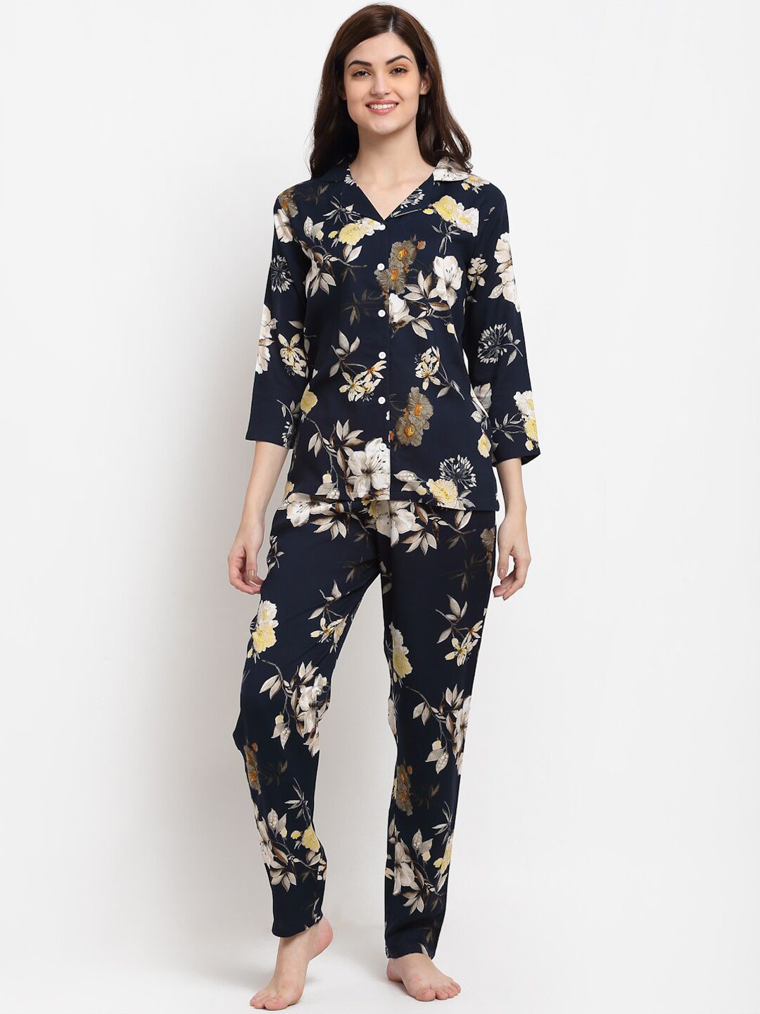 Claura Women Navy Blue & Beige Floral Printed Pure Cotton Night suit Price in India
