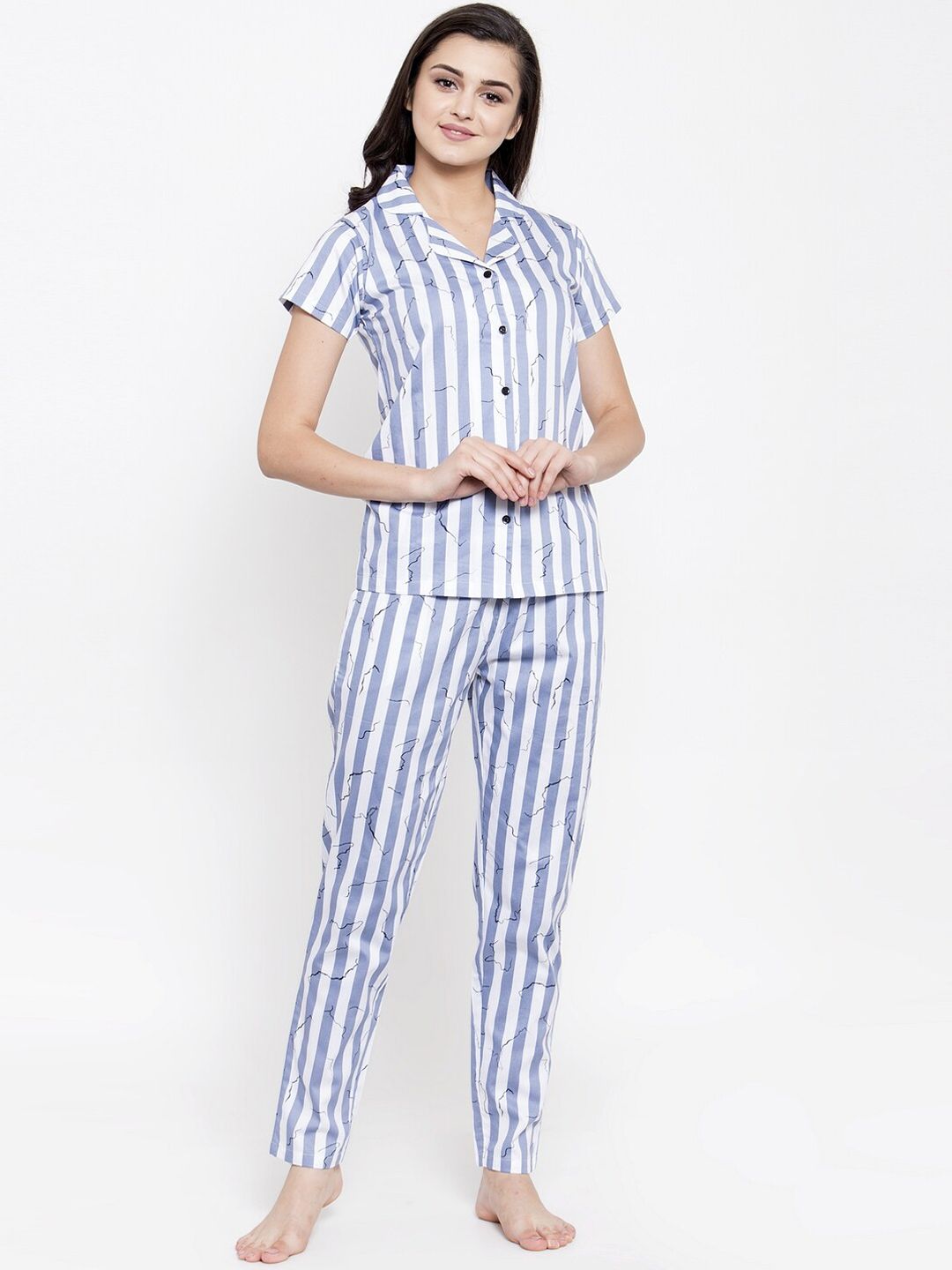 Boston Club Women White & Blue Striped Night Suit Price in India