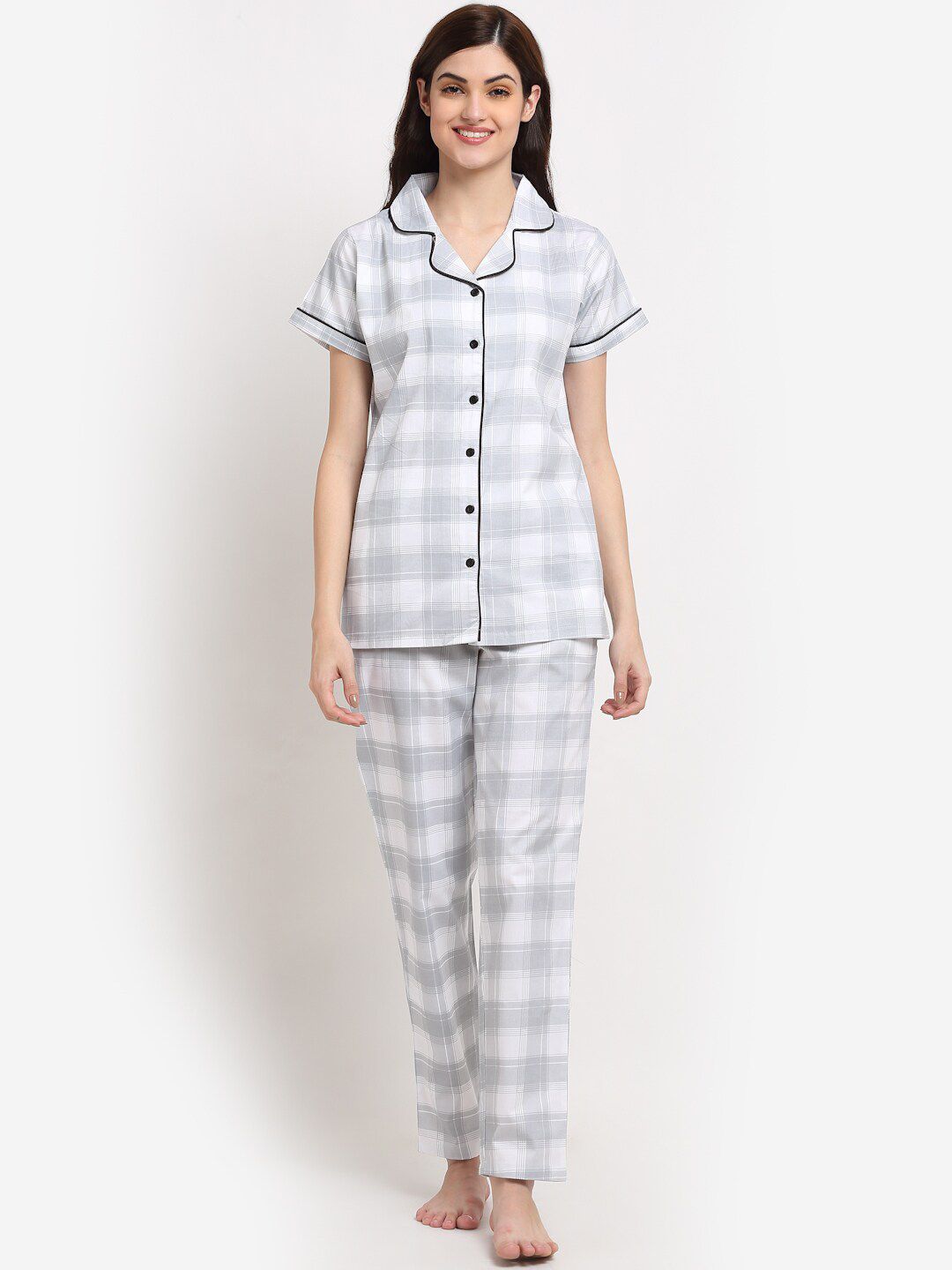 Boston Club Women White & Grey Checked Pure Cotton Night suit Price in India