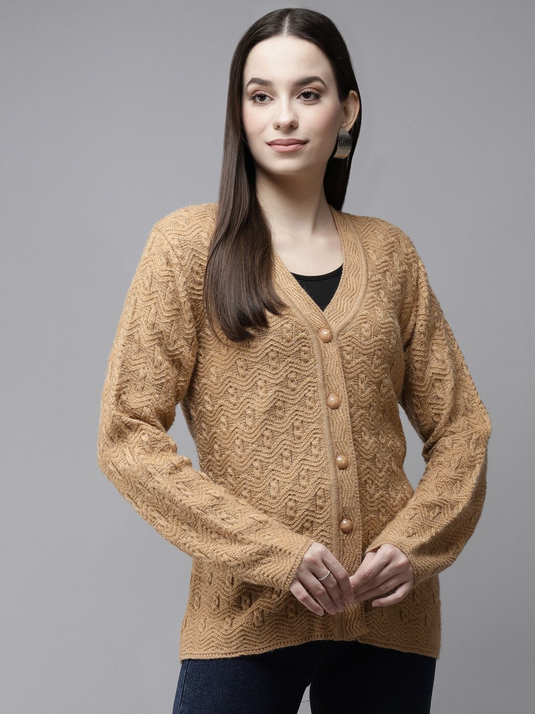 Cayman Women Beige  Self Design Woollen Cardigan Price in India