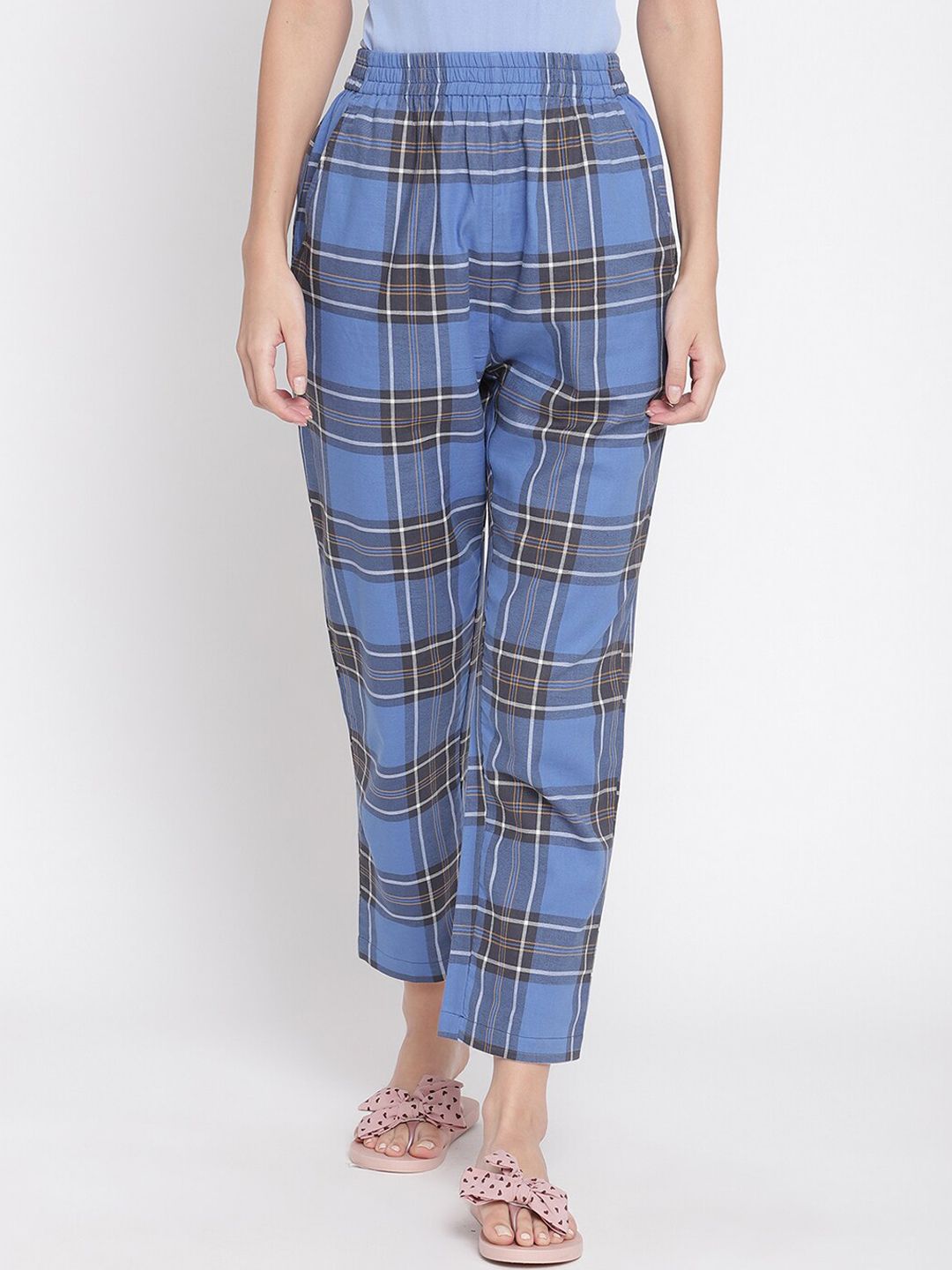 COASTLAND Women Blue & Black Checked Cotton Lounge Pants Price in India