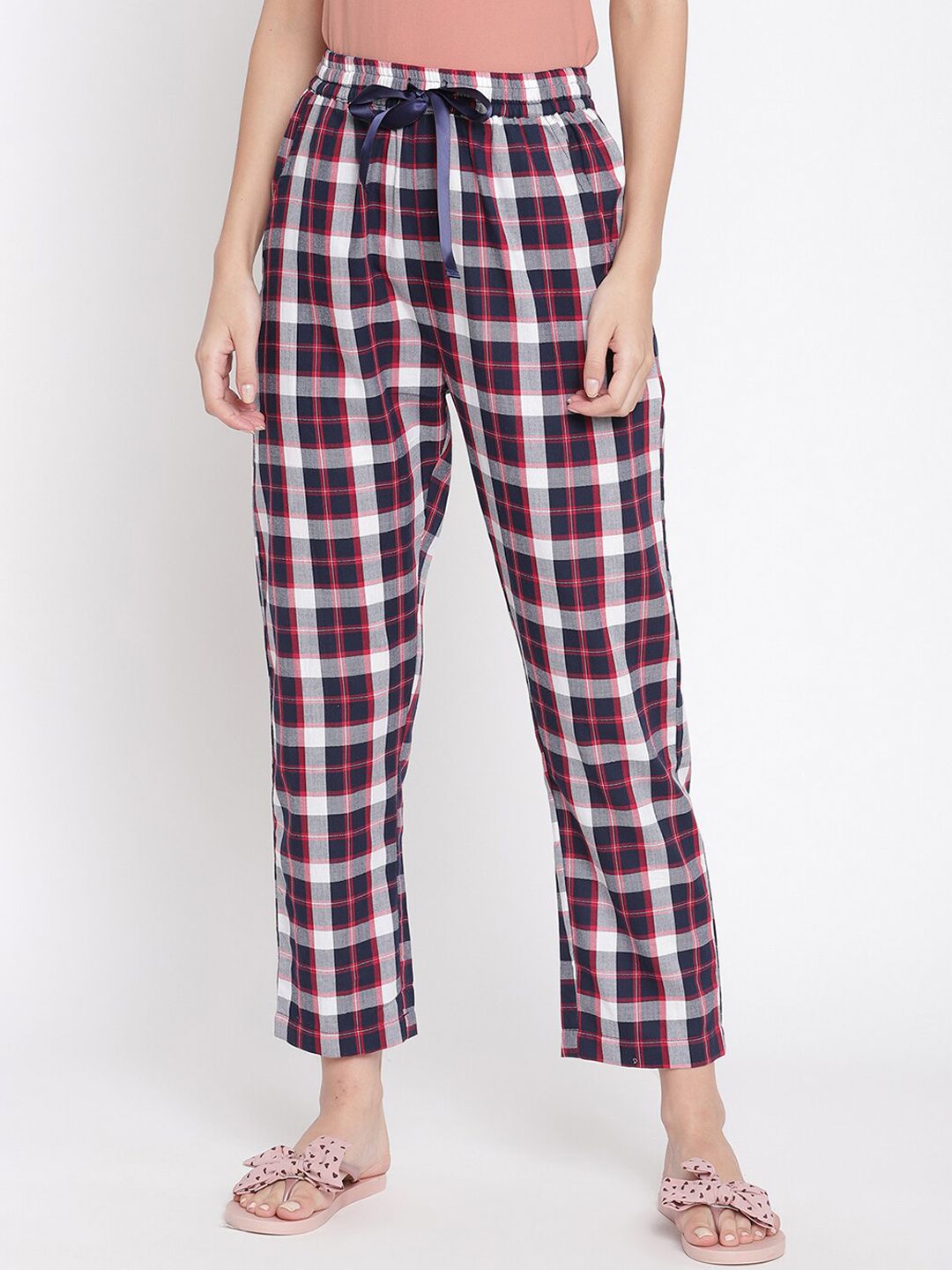 COASTLAND Women Navy Blue & White Checked Cotton Lounge Pants Price in India