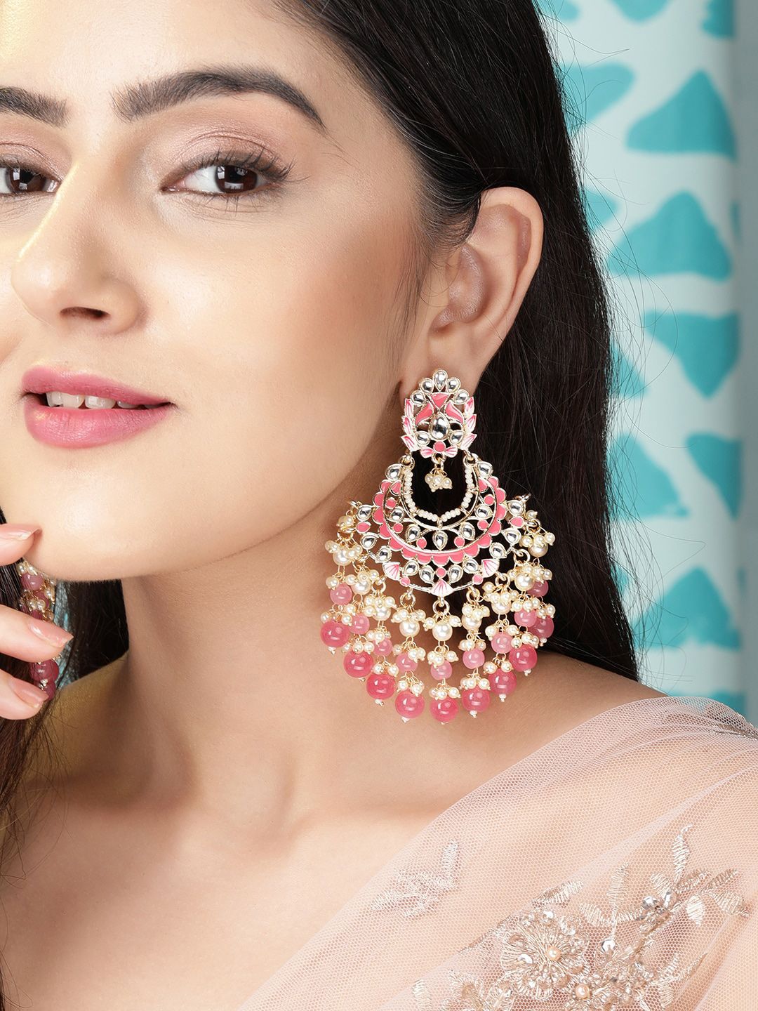Rubans Gold Plated Pink Crescent Shaped Chandbalis Earrings Price in India