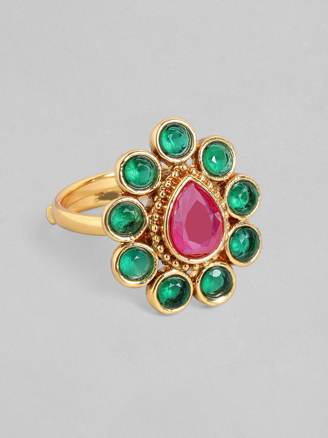 Rubans 24K Gold-Plated Green & Pink Stone Studded Handcrafted Adjustable Finger Ring Price in India
