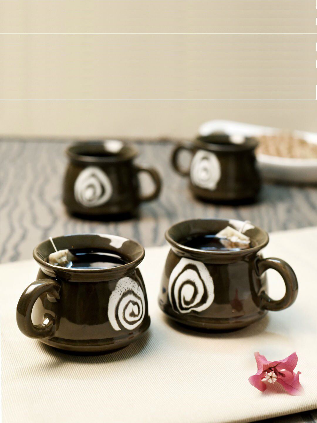 Unravel India Set of 6 Black Printed Ceramic Glossy Mugs Price in India