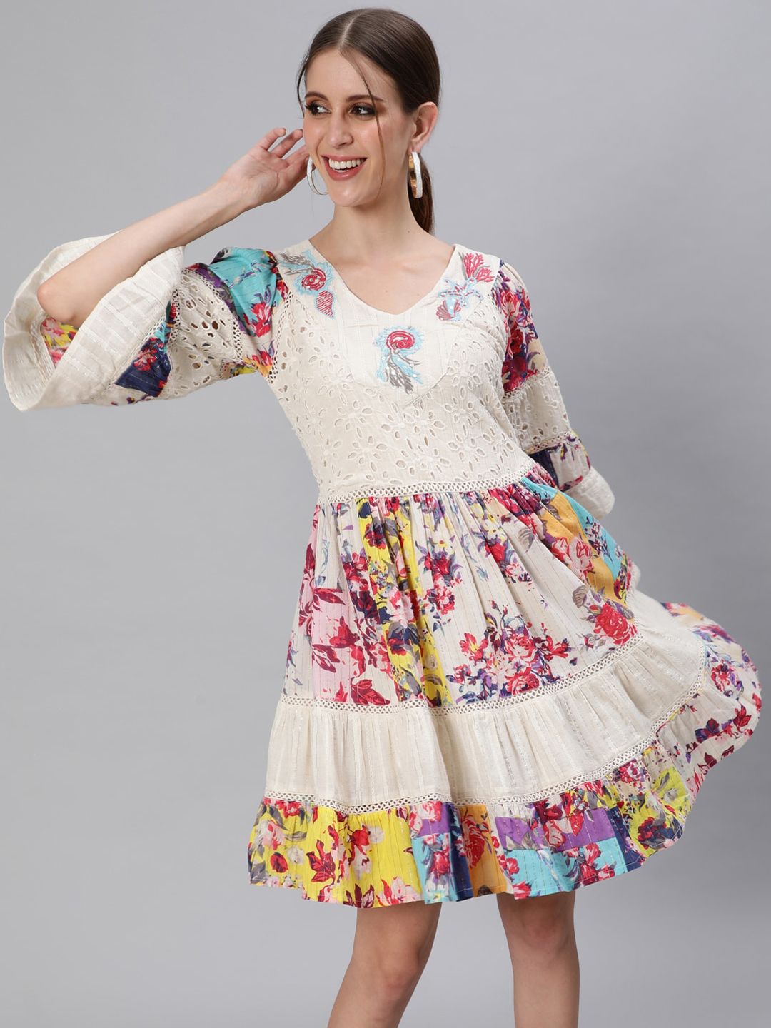 Ishin Women Off White & Yellow Floral Tiered Dress Price in India