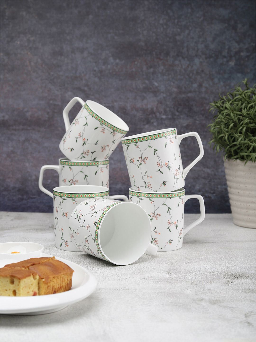 JCPL Set of 6 White & Green Floral Printed Ceramic Glossy Cups Price in India