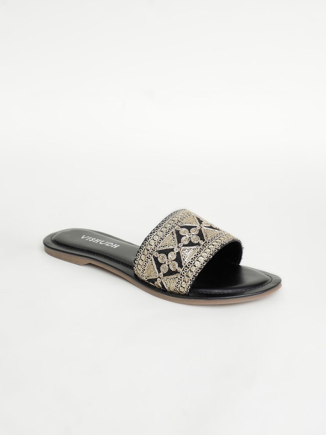Vishudh Women Black & Silver-Toned Embellished Open Toe Flats Price in India