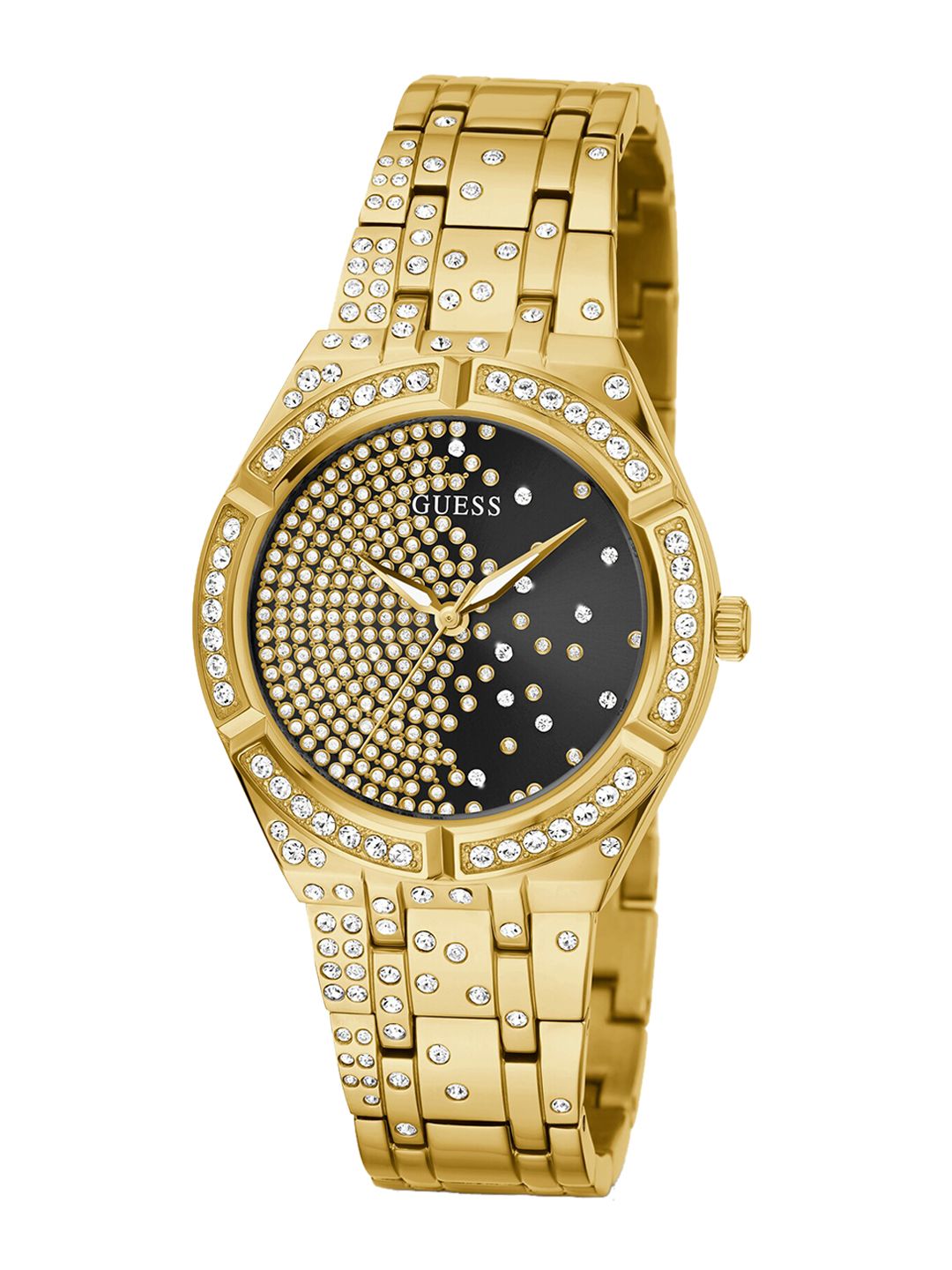 GUESS Women Black Printed Dial & Gold Toned Stainless Steel Bracelet Style Straps Analogue Watch Price in India