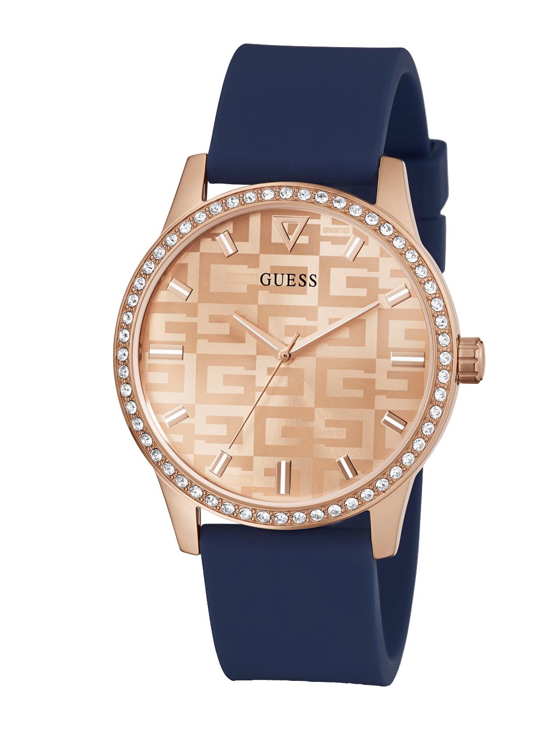 GUESS Women Rose Gold-Toned Embellished Dial & Blue Straps Analogue Watch GW0355L2 Price in India