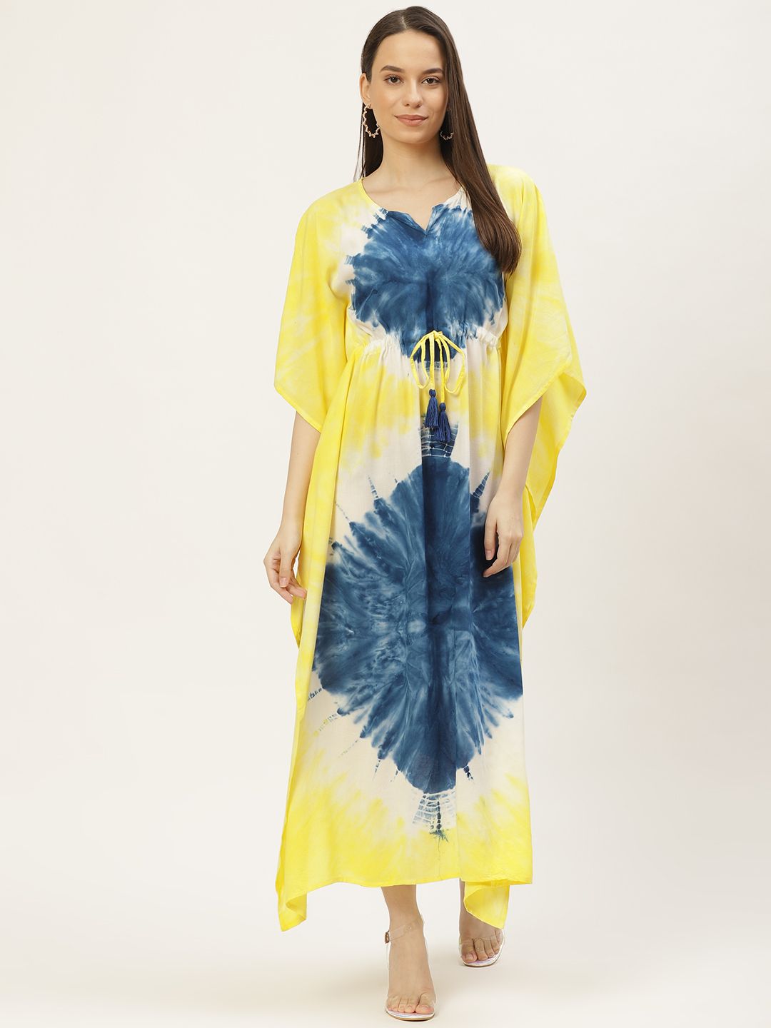 Maaesa Yellow & Blue Tie and Dye Kaftan Maxi Dress Price in India