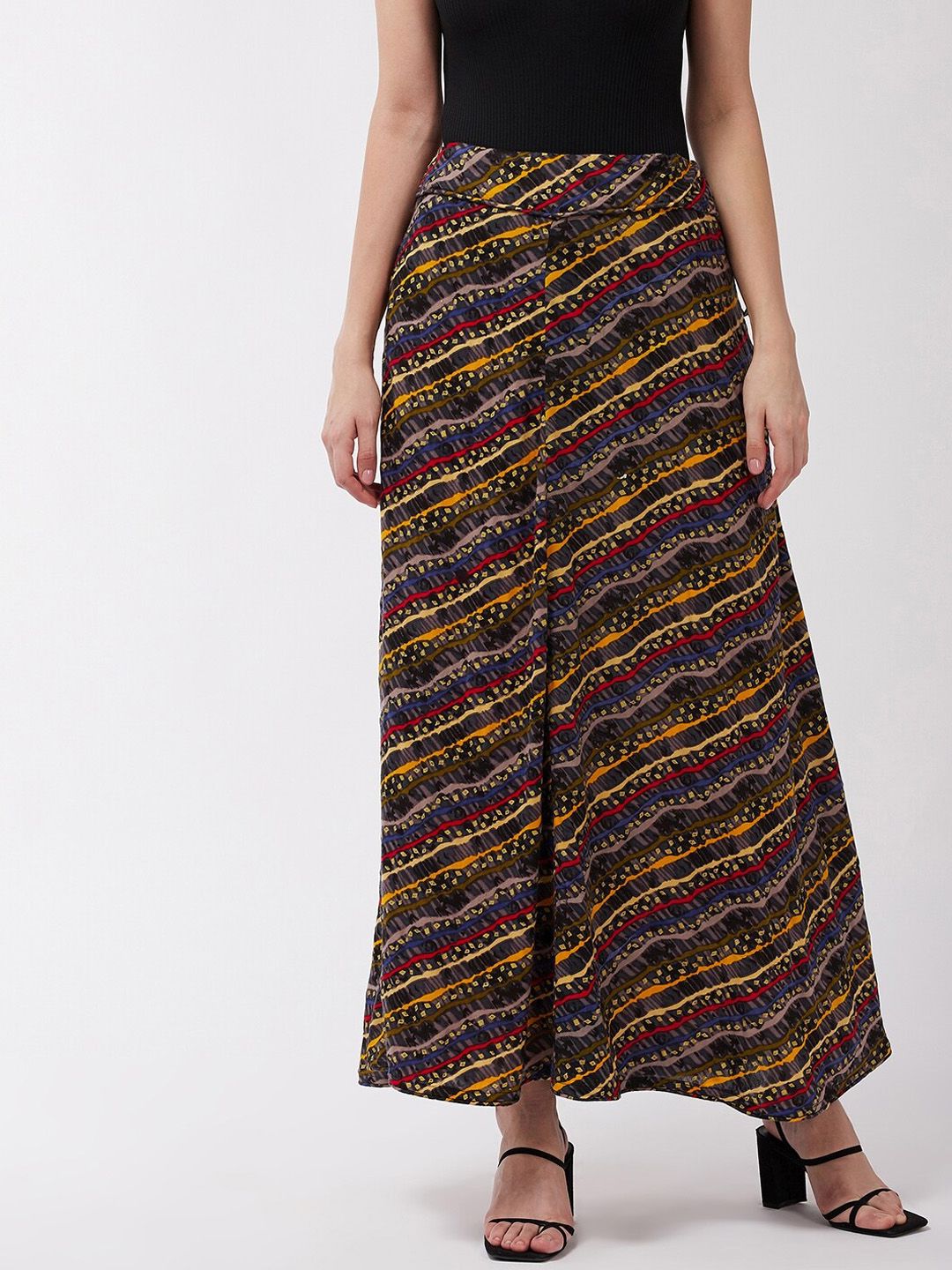 InWeave Women Black & Yellow Lahariya Printed A-Line Maxi Skirt