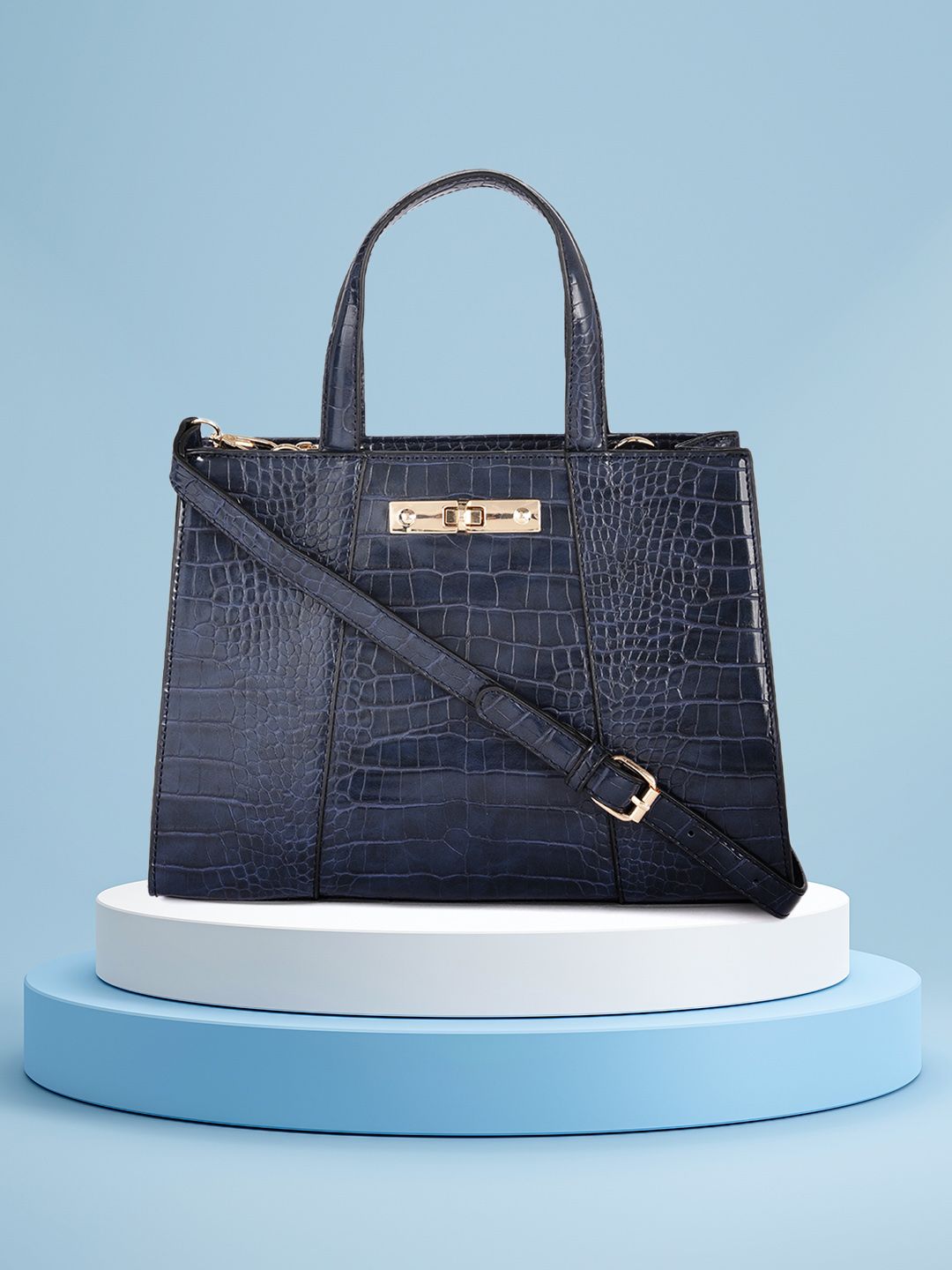 Mast & Harbour Navy Blue Croc Textured Handheld Bag Price in India