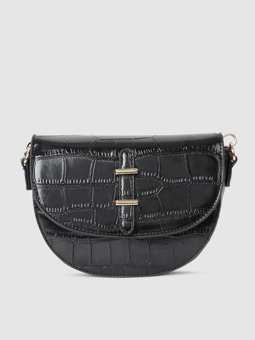 Mast & Harbour Black Animal Textured PU Regular Half Moon Sling Bag with Buckle Detail Price in India