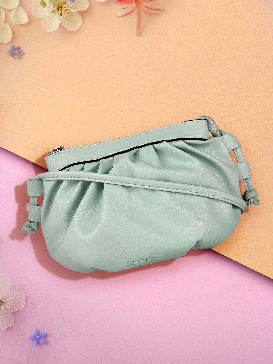 DressBerry Green Solid PU Regular Structured Sling Bag with Tasselled & Pleated Detail Price in India