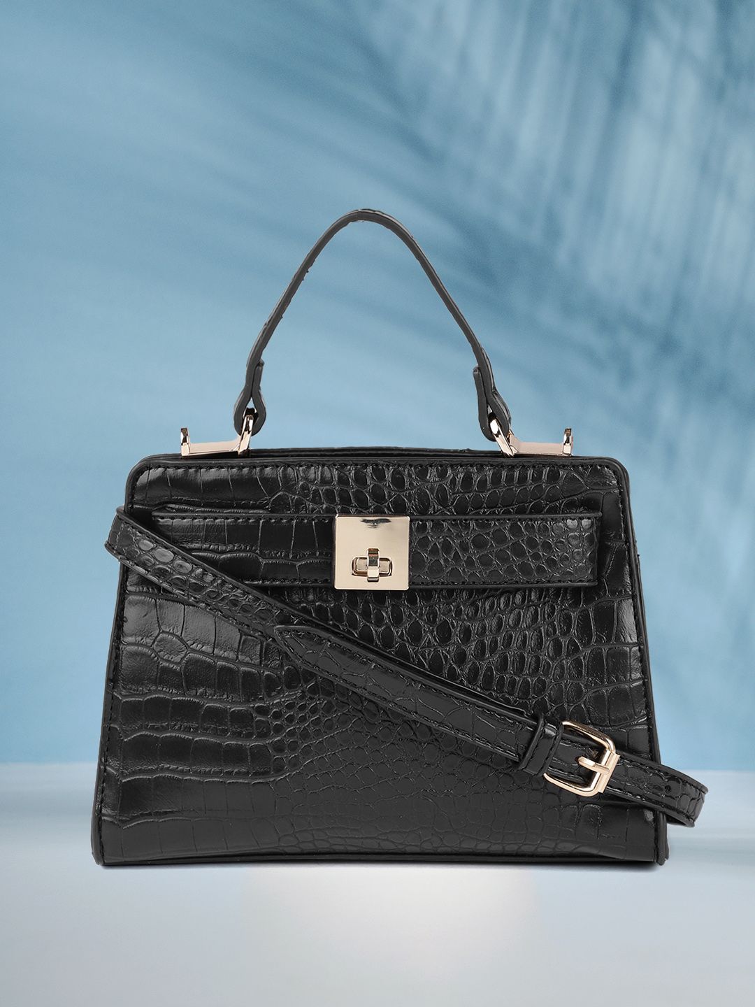 Mast & Harbour Black Animal Textured Structured Handheld Bag Price in India