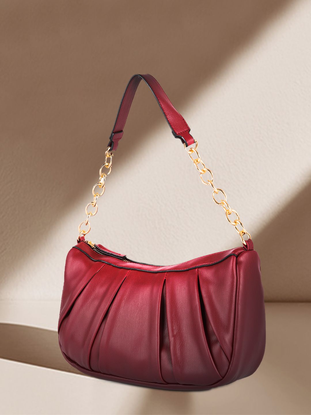 DressBerry Burgundy Solid PU Regular Structured Handheld Bag with Quilted Detail Price in India