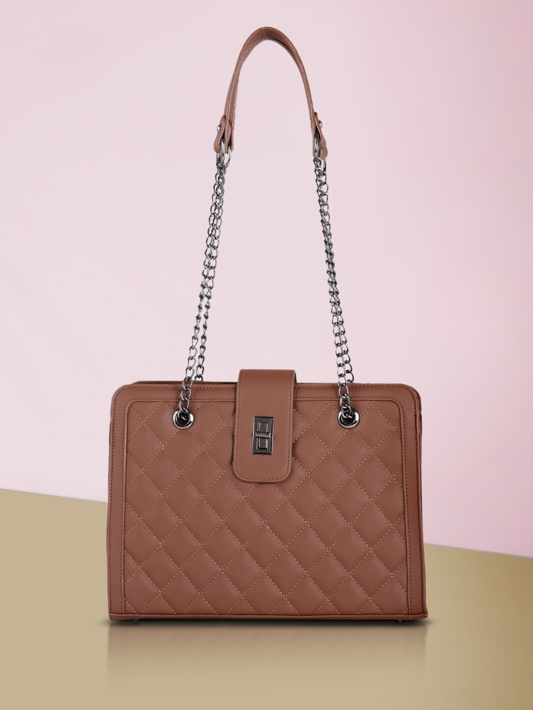 DressBerry Brown Solid PU Regular Structured Shoulder Bag with Quilted Detail Price in India