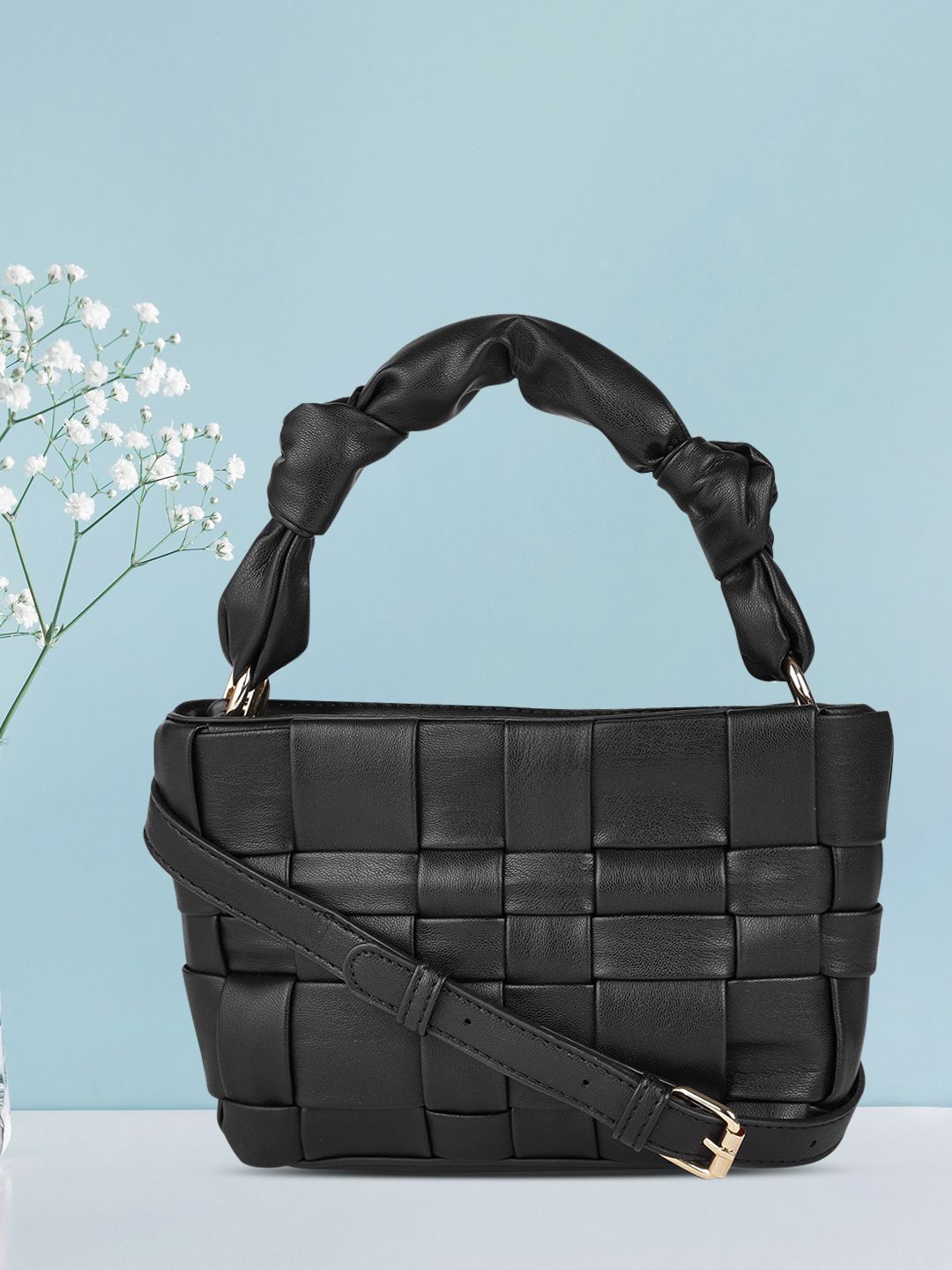 DressBerry Black PU Structured Sling Bag with Cut Work Price in India