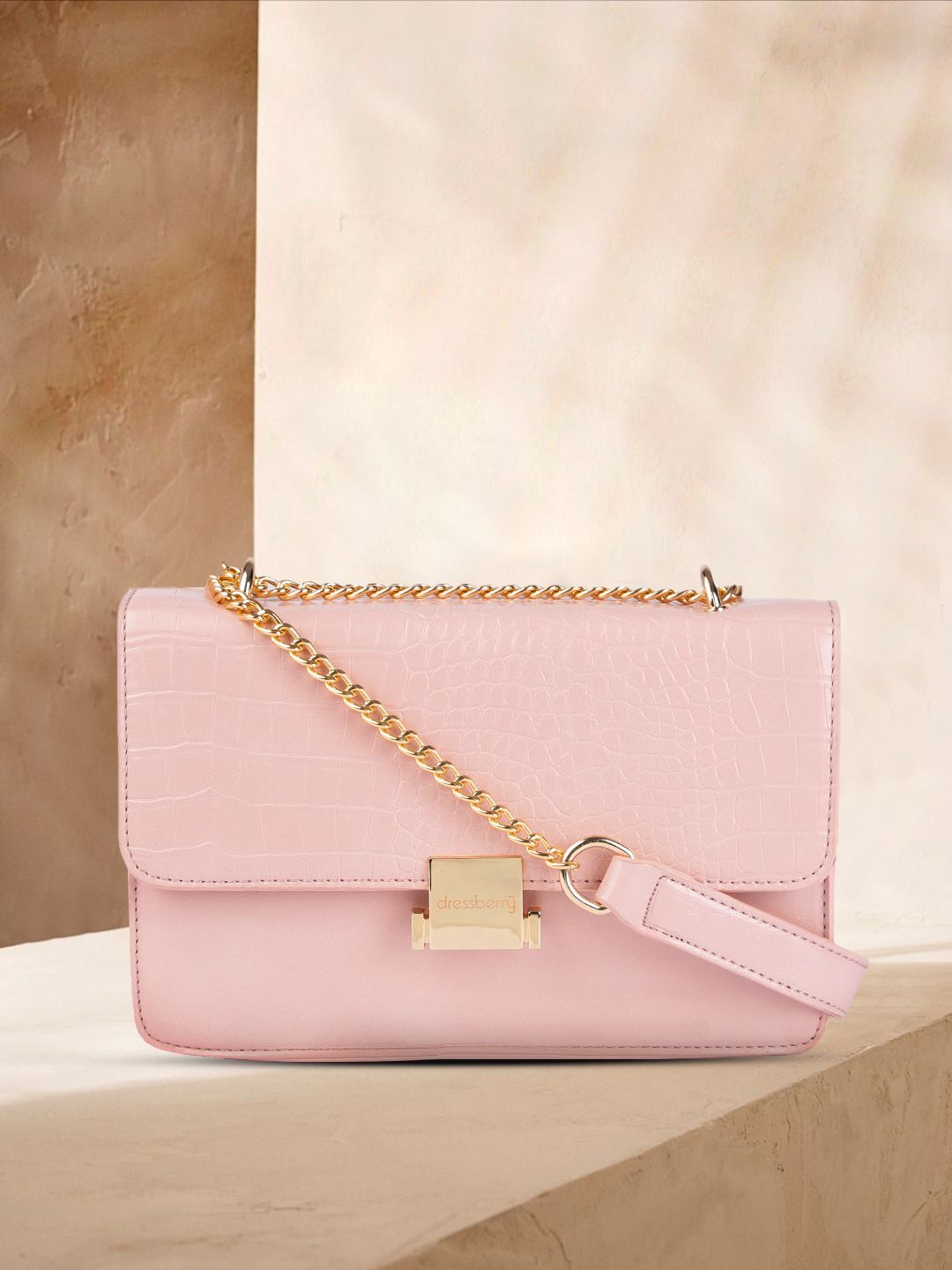 DressBerry Pink Animal Textured Structured Sling Bag Price in India