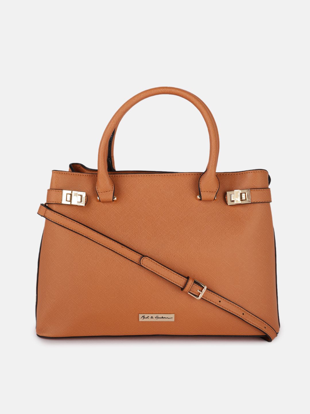 Mast & Harbour Tan Solid PU Regular Structured Handheld Bag with Buckle Detail Price in India