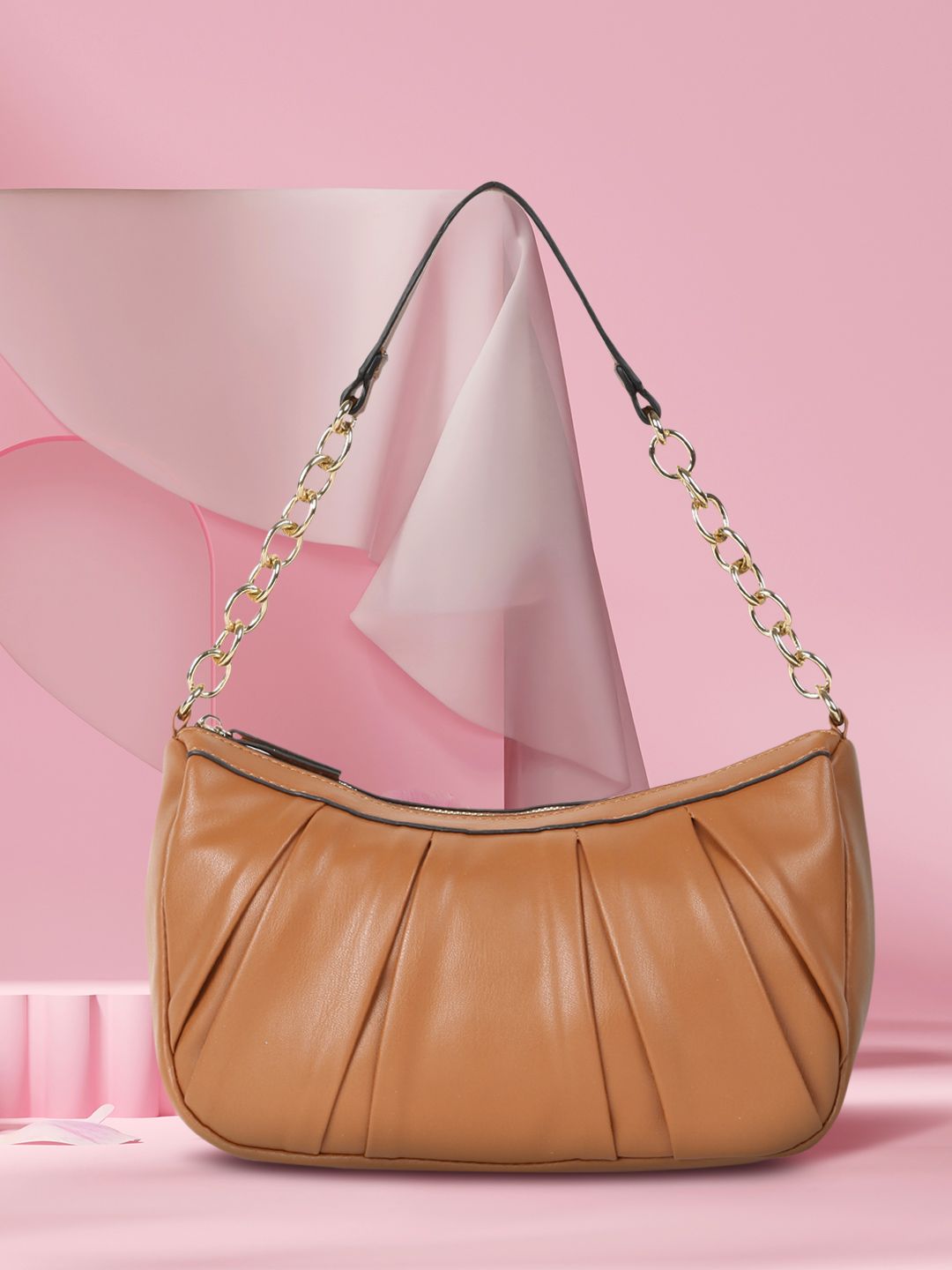 DressBerry Tan Brown Textured Structured Hobo Bag Price in India