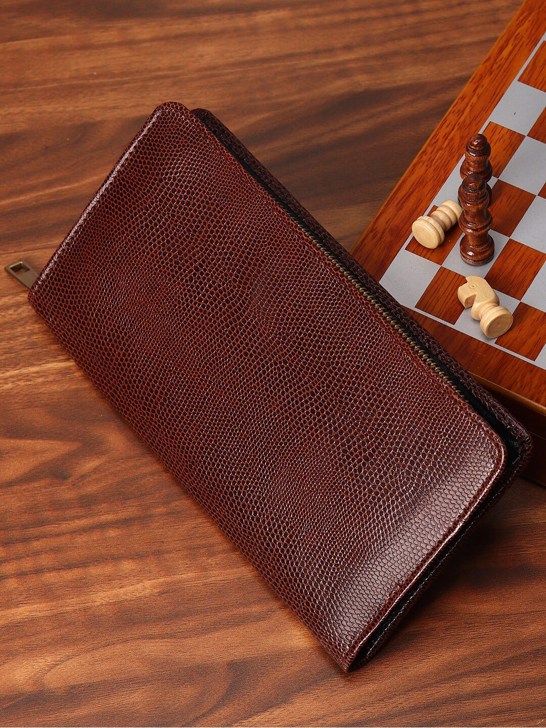 MUTAQINOTI Unisex Brown Textured Zip Around Wallet Price in India