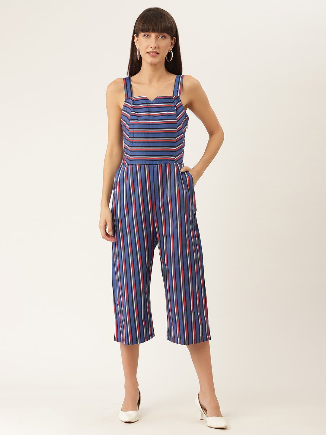 ELLE Women Blue & Red Striped Pure Cotton Capri Jumpsuit Price in India