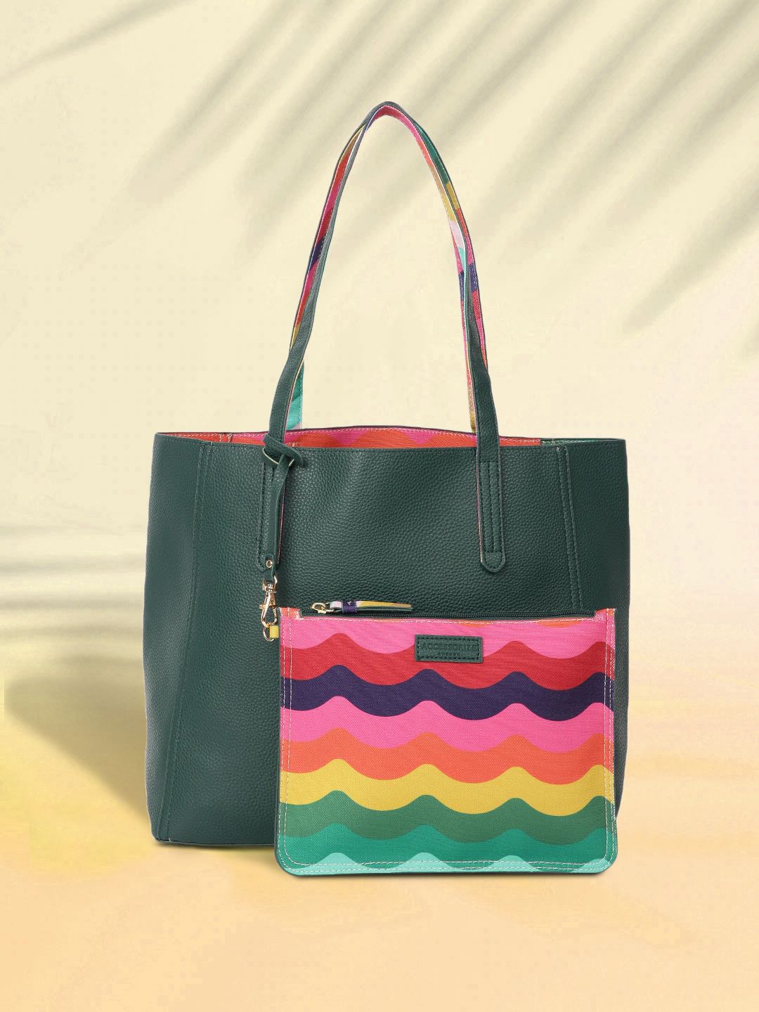 Accessorize Green Solid Shopper Tote Bag With Pouch Price in India