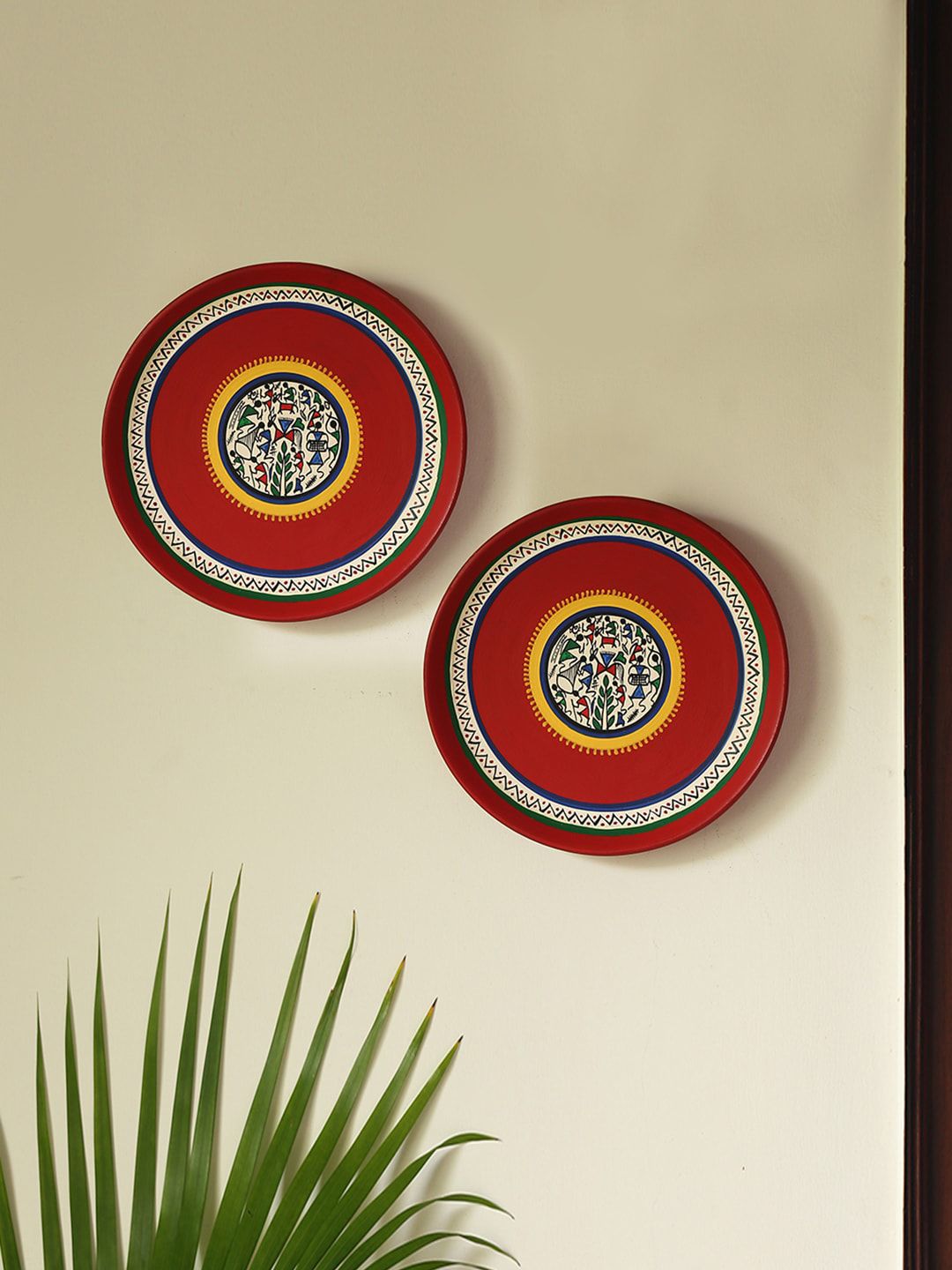 ExclusiveLane Set of 2 Terracotta Warli Wall Plates Handpainted Wall Decor Price in India