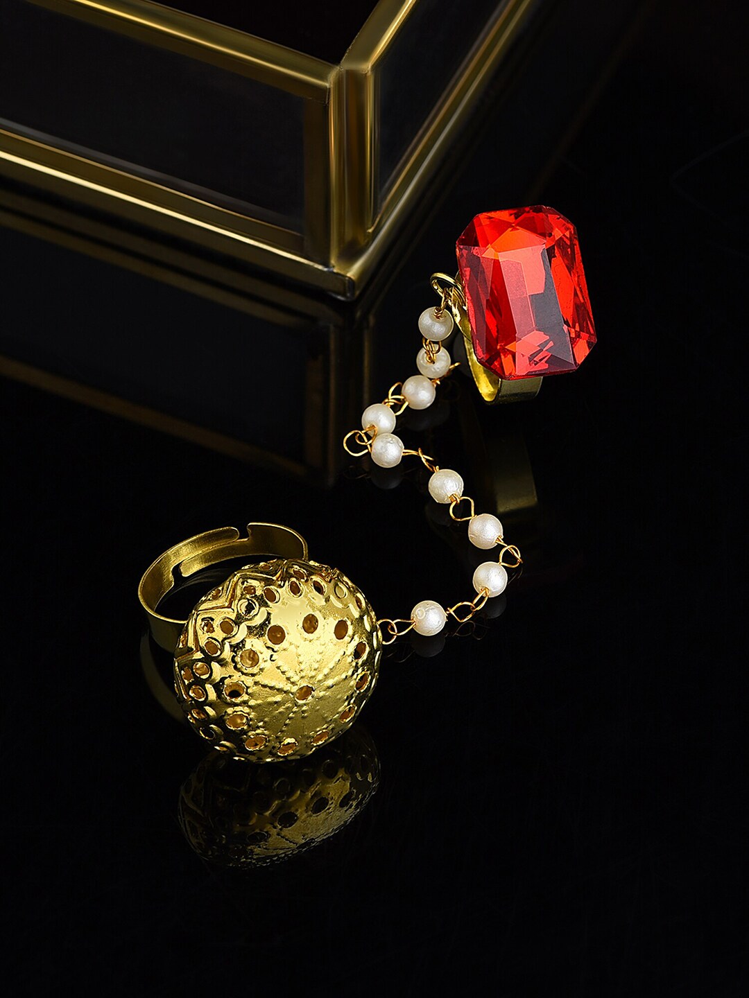 Zaveri Pearls Gold Plated Red Stone Studded Adjustable Chained Finger Rings Price in India