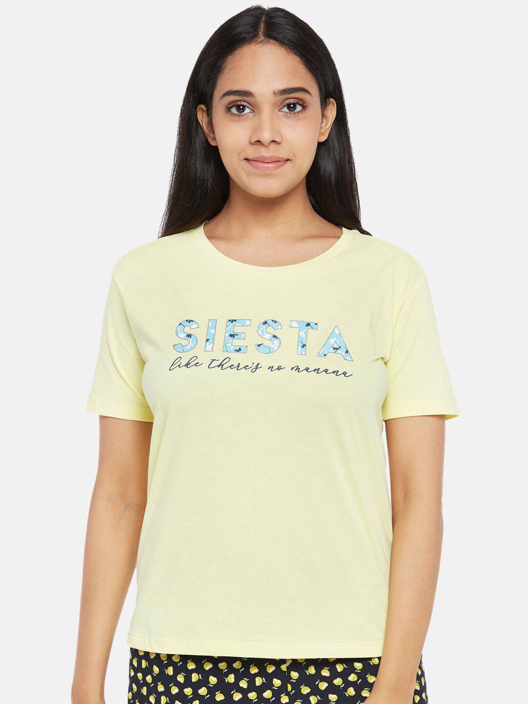 Dreamz by Pantaloons Women Yellow Typography Printed Pure Cotton T-shirt Price in India