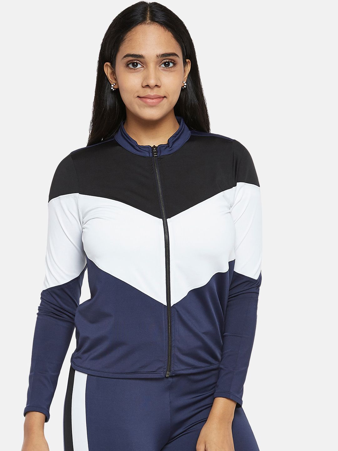 People Women Blue & White Colourblocked Sporty Jacket Price in India