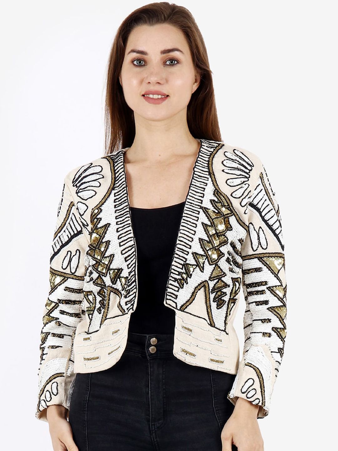 Diwaah Women Off White Crop Open Front Jacket with Embroidered Price in India