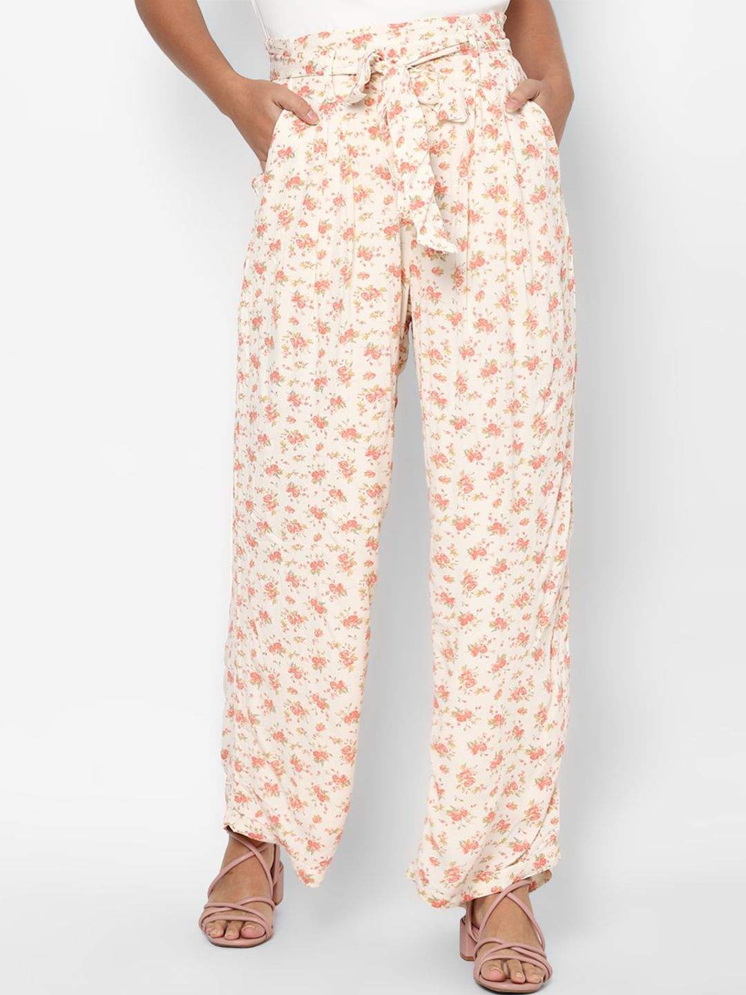 AMERICAN EAGLE OUTFITTERS Women Beige Floral Printed Parallel Trousers Price in India